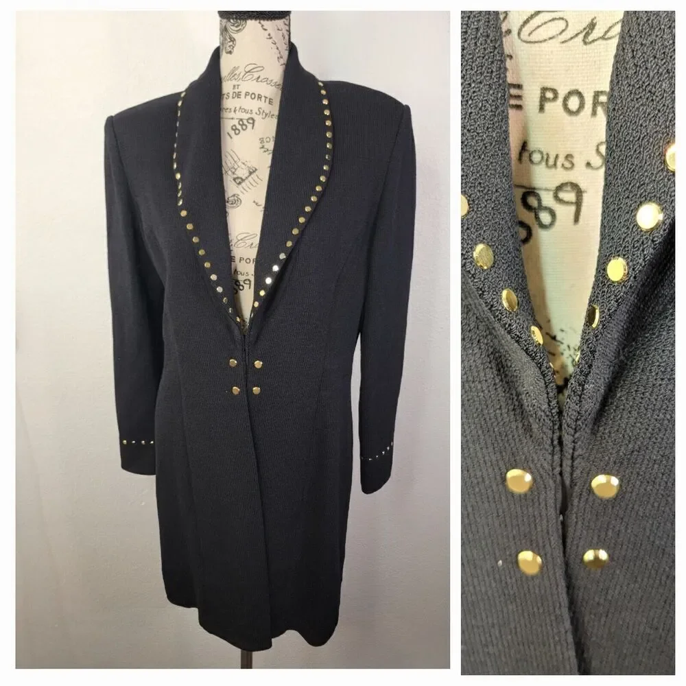 ST. JOHN Long Sweater Cardigan Womens Size 6 Santana Knit Black Gold Studs
